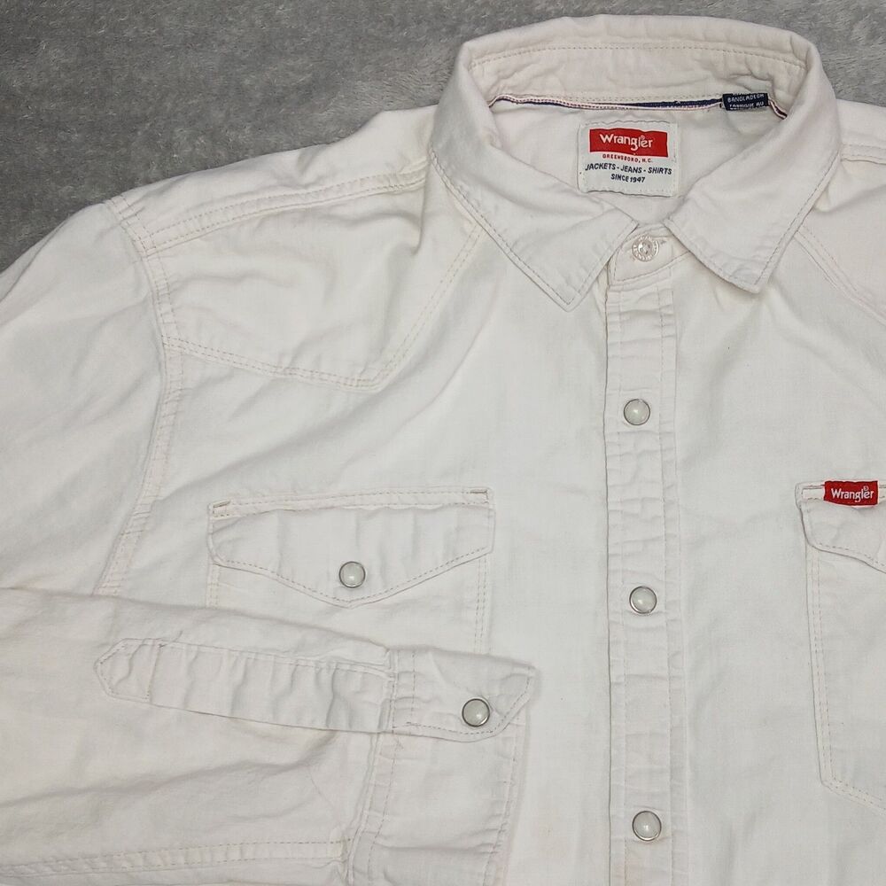 Wrangler Western Shirt L Faded White Ecru Pearl Snap Cotton Cowboy Work
